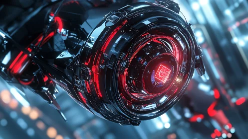 Neon singularity core spins in a chrome cybernetic cradle.