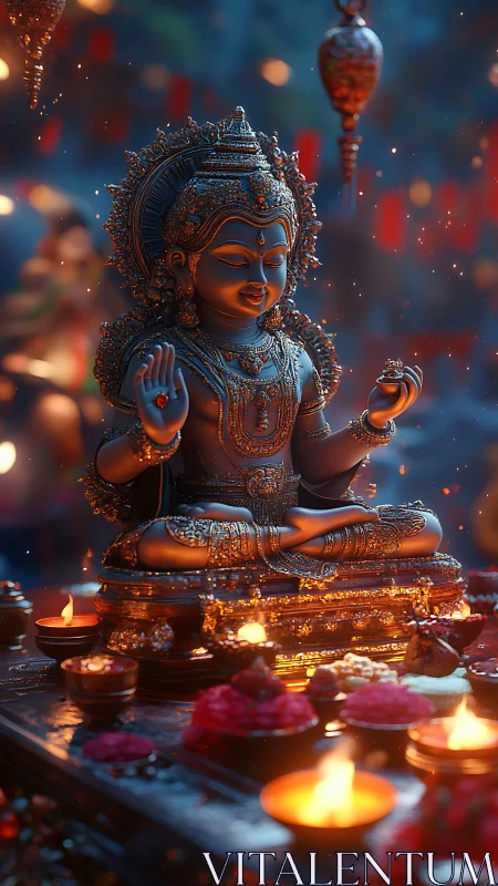Bronze deity statue with ritual lamps and offerings at night.