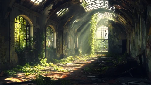 Overgrown glass hall with volumetric sunlight and decay.