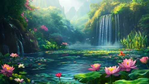 Lotus-draped waterfall lagoon where emerald mist dreams.