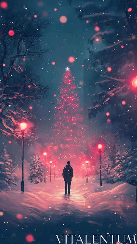 Person in snowy park facing glowing red Christmas tree.