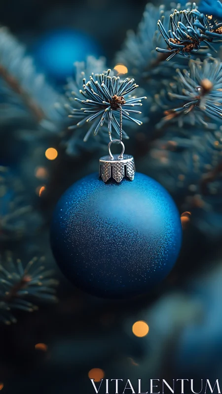 Blue Christmas ornament glows softly amid frosted pine boughs