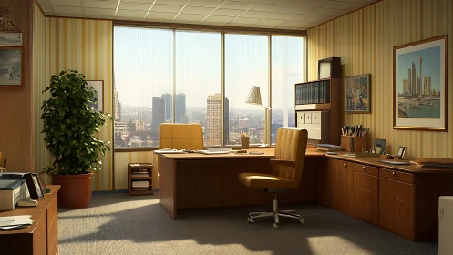 Midcentury executive office interior with skyline window view
