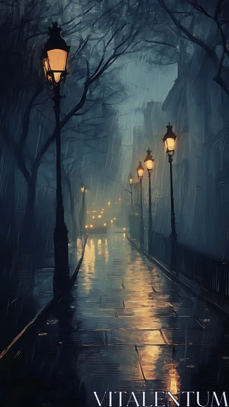 Rainy city street with glowing lamps and wet pavement.
