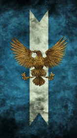 Heraldic golden eagle unfurls wings on storm blue banner.