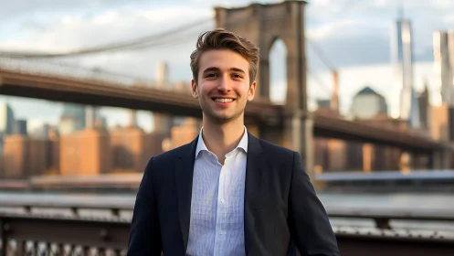 Confident young professional smiles before city bridge skyline.