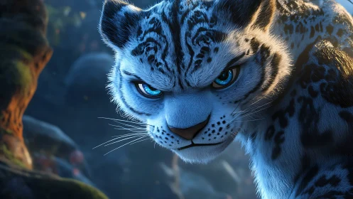 Striking Blue Snow Leopard with Piercing Eyes.