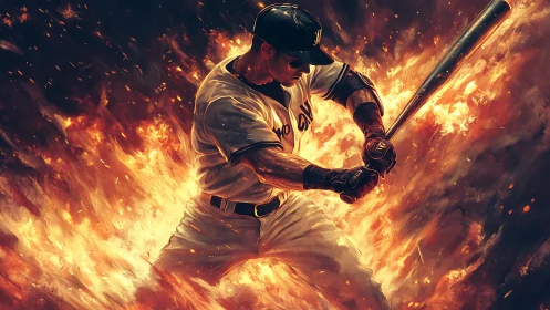 Digital rendering of baseball batter amid stylized flames.