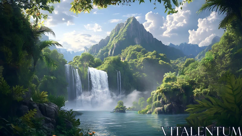 Verdant twin falls whisper secrets to misty emerald peaks