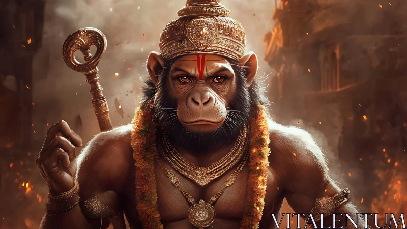 Firelit warrior monkey god crowned in molten dusk armor.