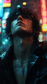 Rain‑soaked loner lifts his gaze beneath neon city lights.