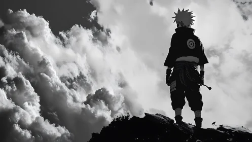 Anime silhouette hero against dramatic storm cloud backdrop.