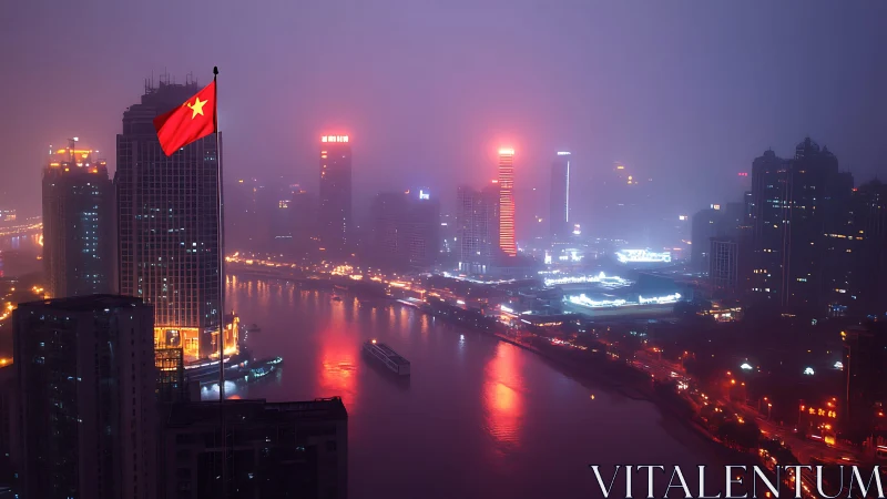 City river skyline at night with illuminated skyscrapers