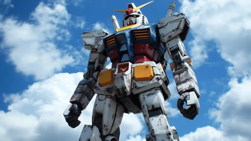 Monolithic mecha under dynamic low-angle sky perspective.