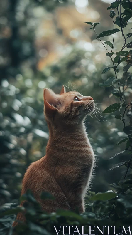 Ginger Feline Specimen Examining Foliage in Bokeh Garden Setting