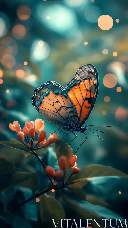 Macro study isolates backlit butterfly on buds with bokeh orbs