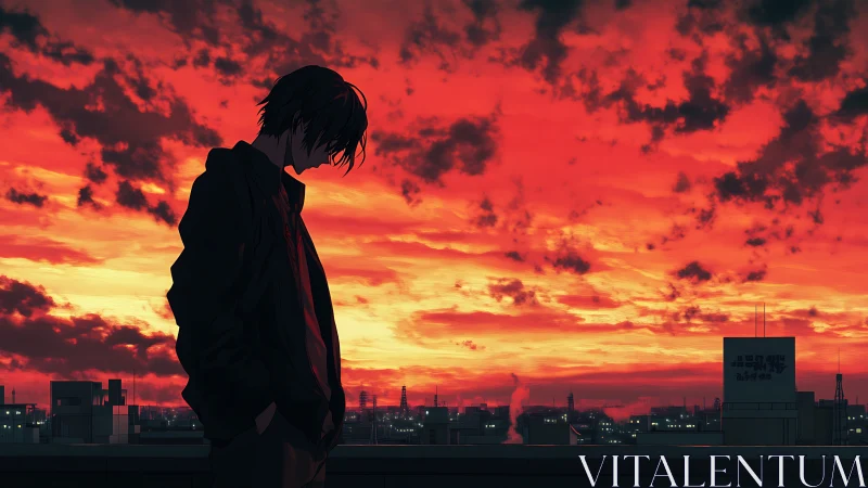 Rooftop loner under wildfire sunset skies of regret.