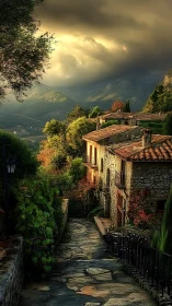 Stone hillside houses along narrow path under dense clouds.