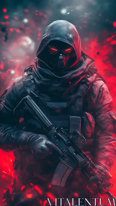 Mysterious hooded warrior glowing through red battle haze.