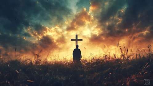 Silhouetted figure stands before glowing cross at sunset