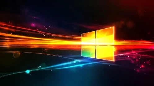 Windows logo with neon light trails on dark gradient background.