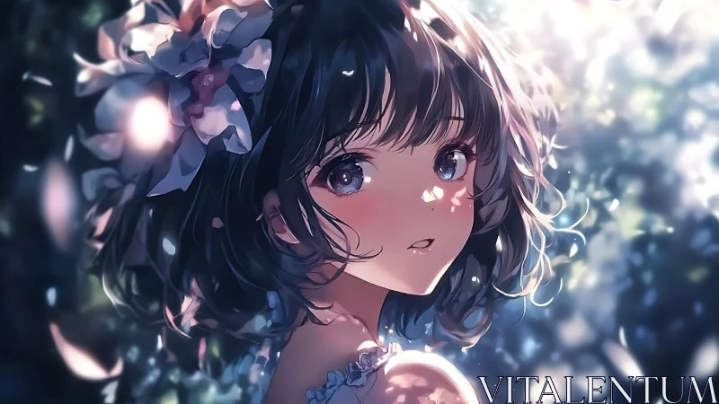 Side portrait shows stylized girl with floral hair accessory