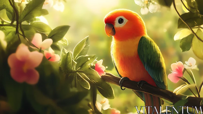 Vibrant parrot perched on branch in dreamy floral garden scene.