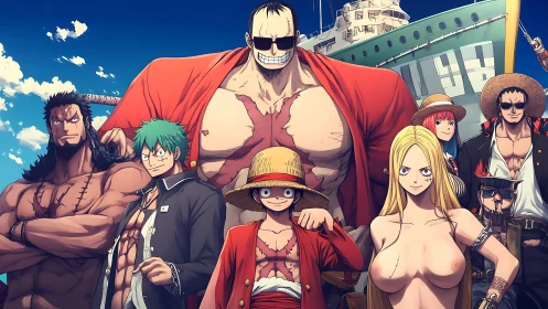 Anime pirate crew stands unified before moored ship.