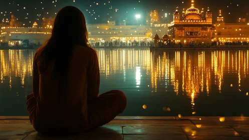 Solitary figure facing illuminated temple across water at night.
