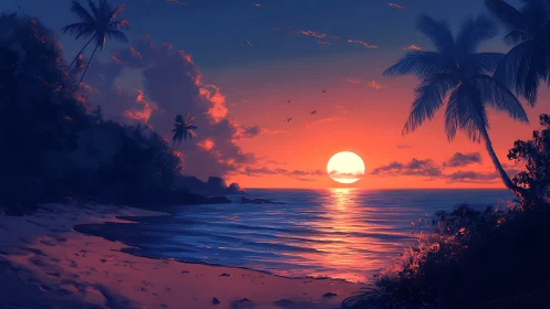 Tropical shoreline sunset glows behind silhouetted palms