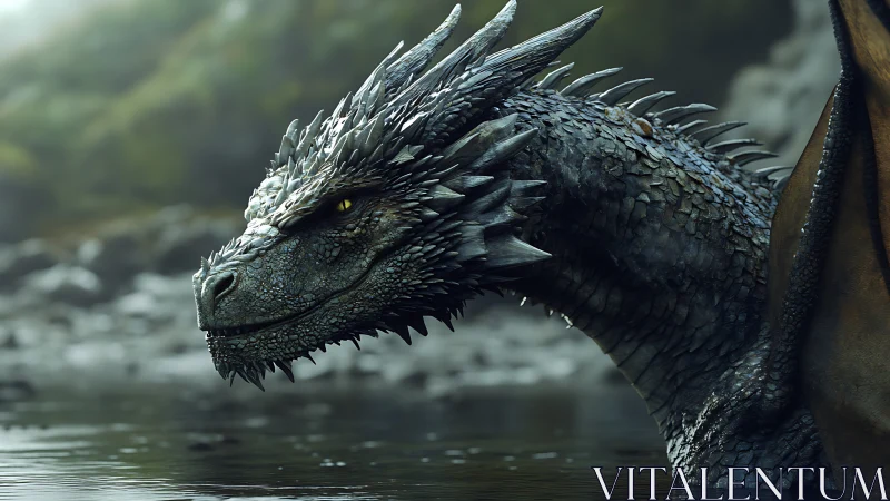 Side profile of spiked dragon by misty rocky shoreline.