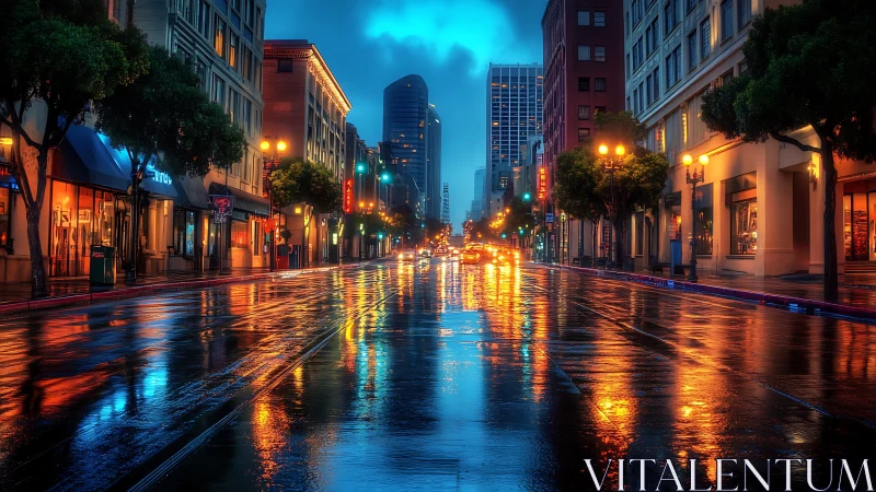 Rain-soaked downtown avenue with neon reflections at dusk