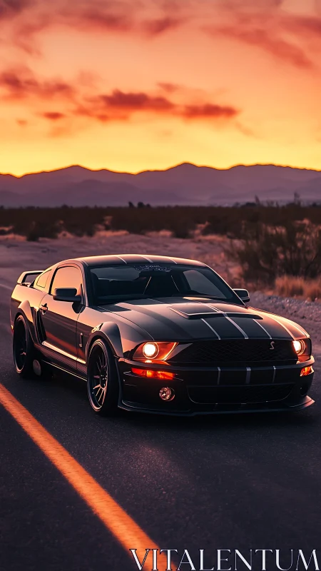 Sunset highway cruise with a sleek black muscle car.