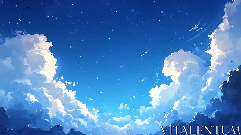 Dreamlit cumulus corridors under a star-swept sky.