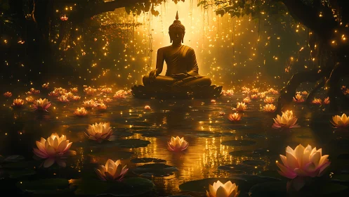 Golden Buddha statue glows amid lotus pond and fireflies.