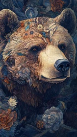 Floral-integrated bear portrait with detailed fur rendering.