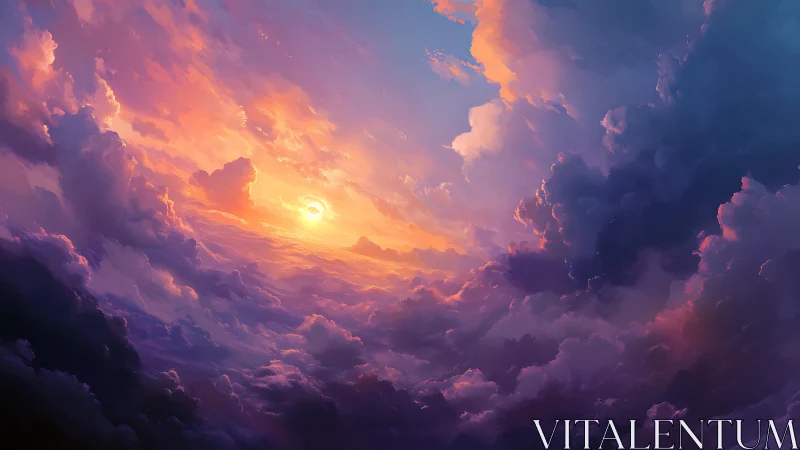 Layered cloudscape with central sun at transitional light period.