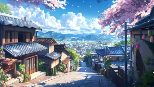 Quiet hilltop street opening onto a sunlit spring town.