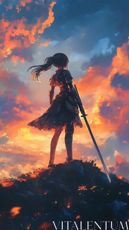 Young skyward warrior standing strong in a blazing sunset.
