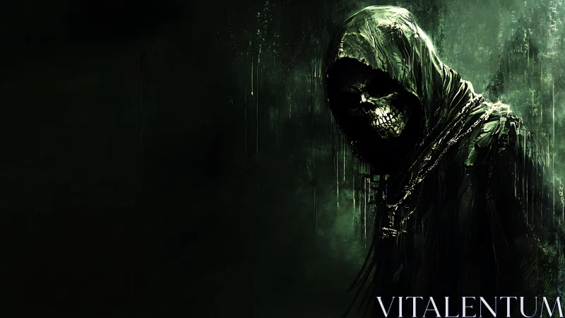Grim hooded reaper emerges from dripping emerald shadows.