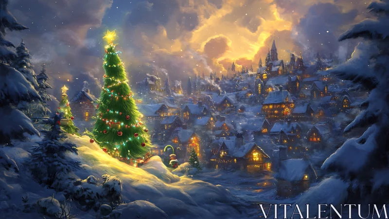 Snowy Christmas village under glowing festive tree night.