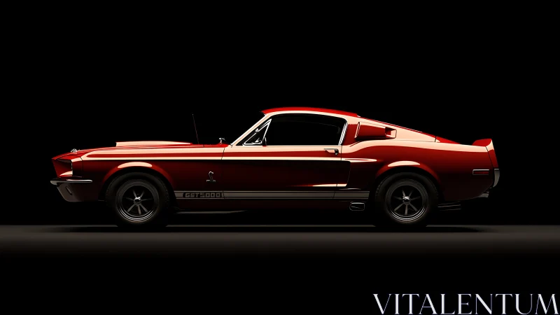 Red classic fastback muscle car in dramatic side profile lighting.