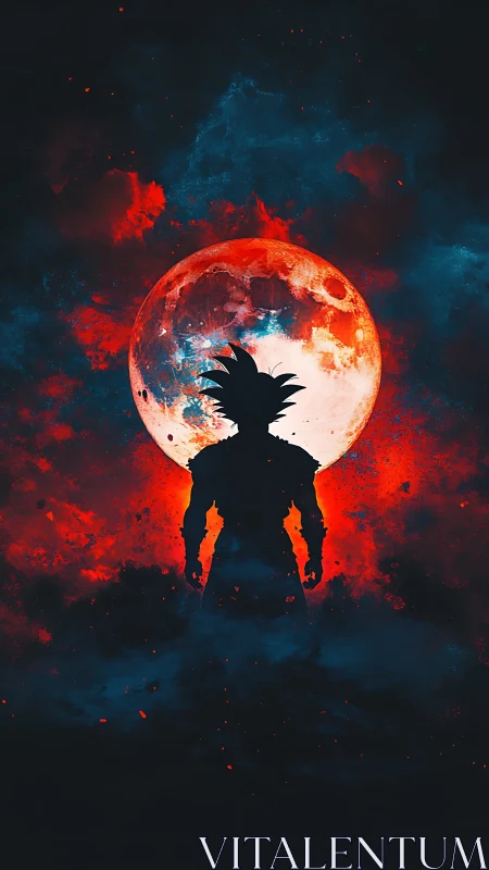 Silhouetted warrior figure stands before a red lunar disc