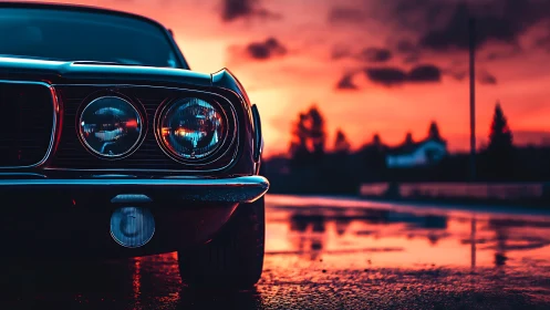 Front detail of classic car against reflective sunset sky.