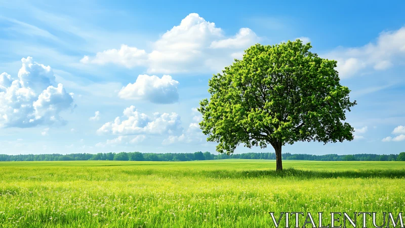 Isolated deciduous tree in high-saturation pastoral landscape.