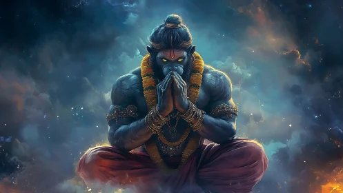 Divine warrior meditates in glowing cosmic storm clouds