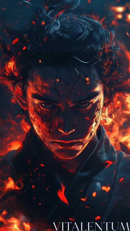 Fierce warrior portrait engulfed in dynamic inferno lighting.