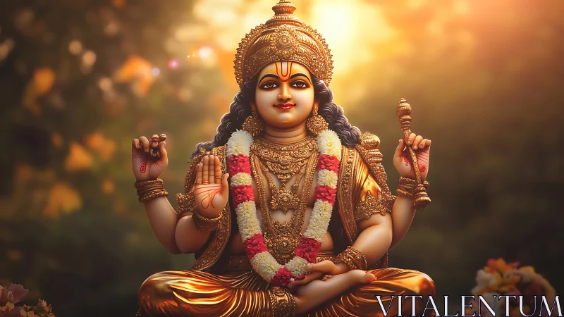 Sunlit golden deity seated in serene forest radiance.