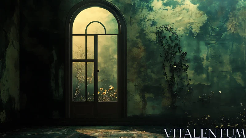 Backlit arched glass door in decayed teal interior with vines