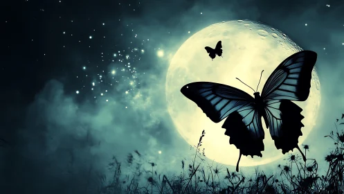 Large silhouetted butterfly crosses bright full moon